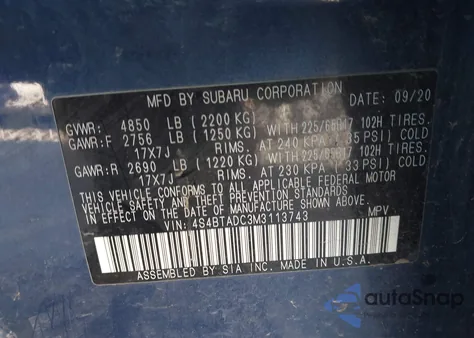 2021 Subaru Outback Premium z USA, uszkodzony, nr VIN 4S4BTADC3M3113743